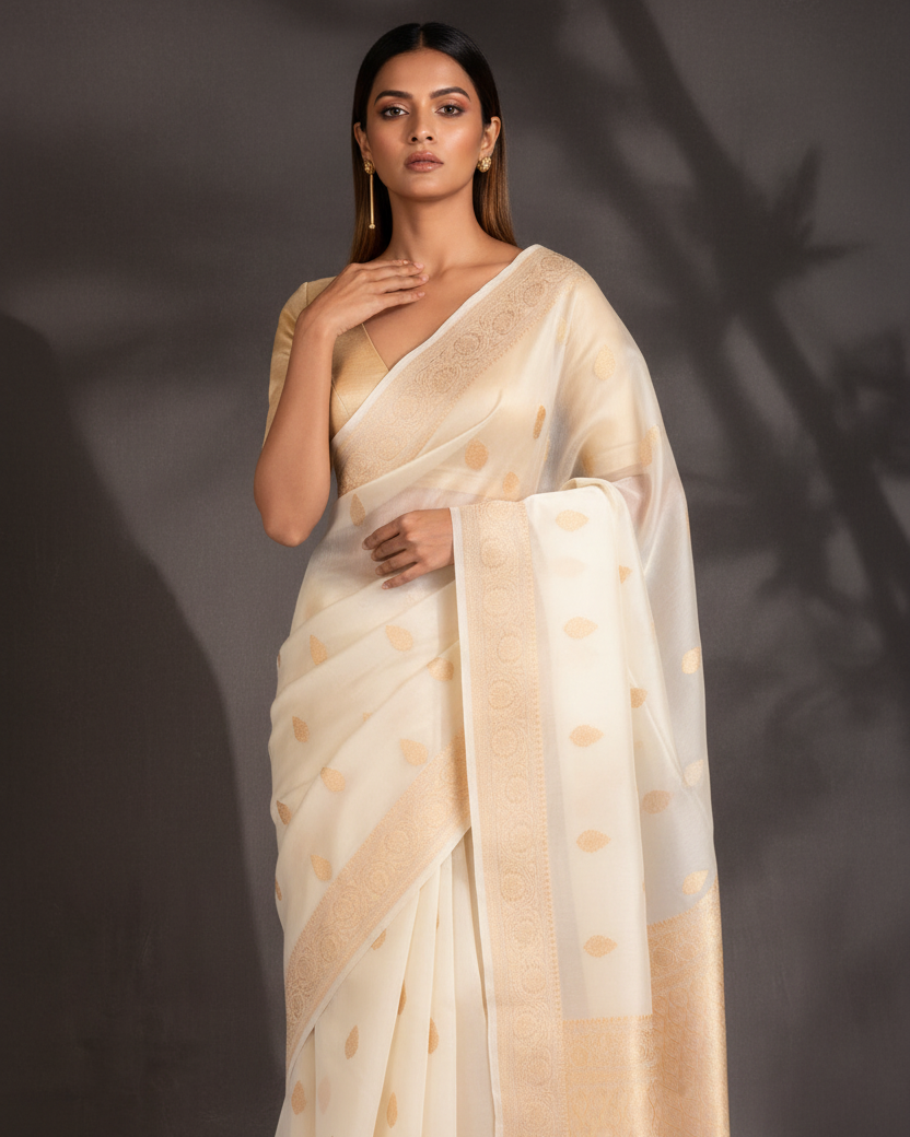 Ivory White Gold Zari Buti Kora Silk Banarasi Saree — Editorial