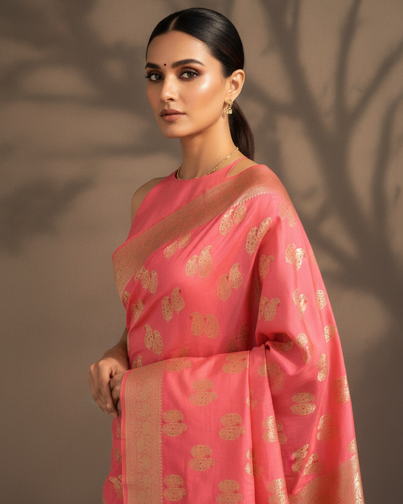 Light Coral Pink Banarasi — Halter Neck