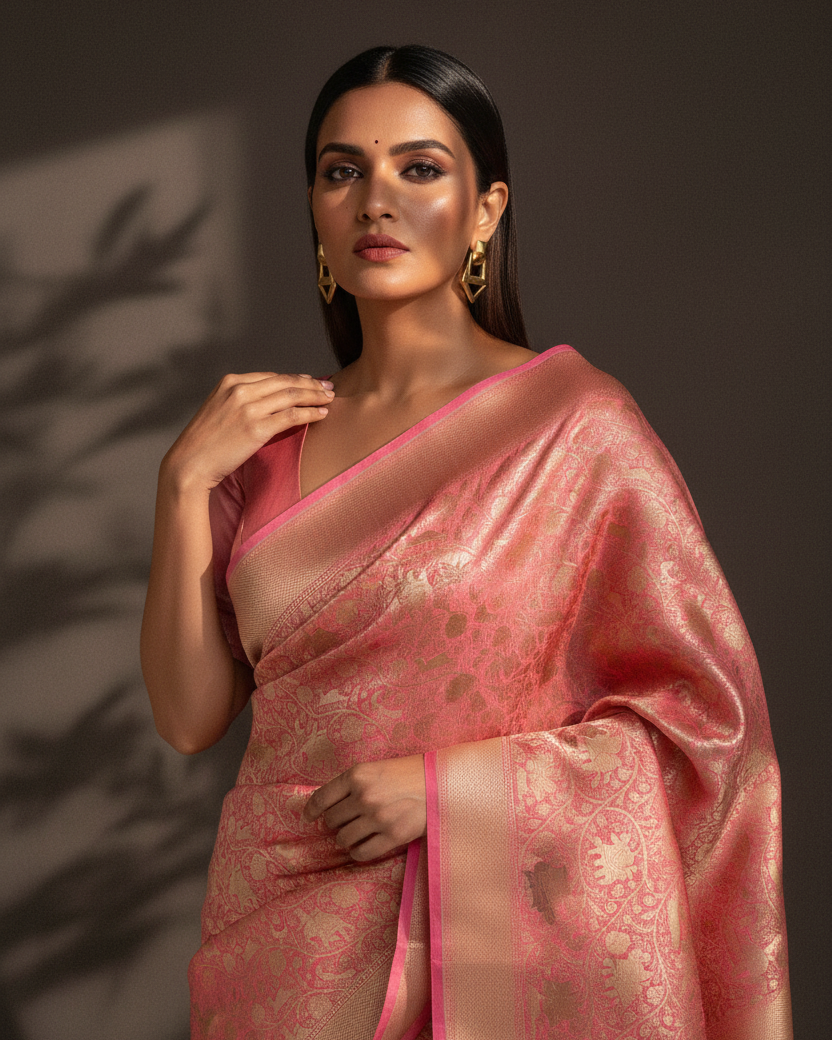 Light Coral Pink Shikargah Katan Silk — Editorial