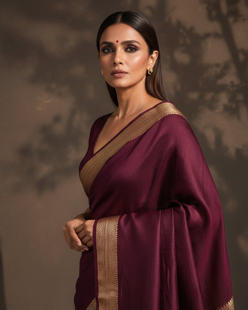 Mahogany Muga Silk Crushed Gold Pallu Banarasi Editorial v2