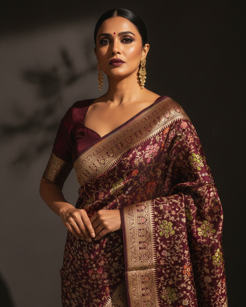 Mahogany Multicolour Resham Floral Jaal Katan Silk — Editorial
