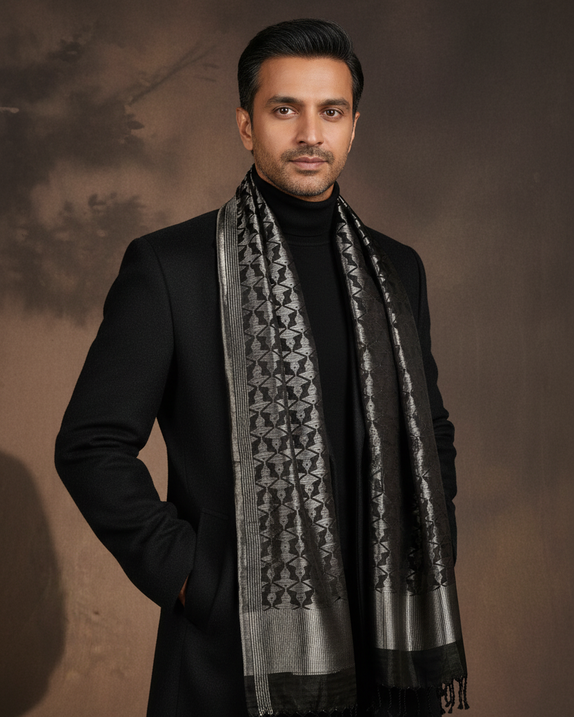 Male - Black Silver Zari - Inside Open Overcoat