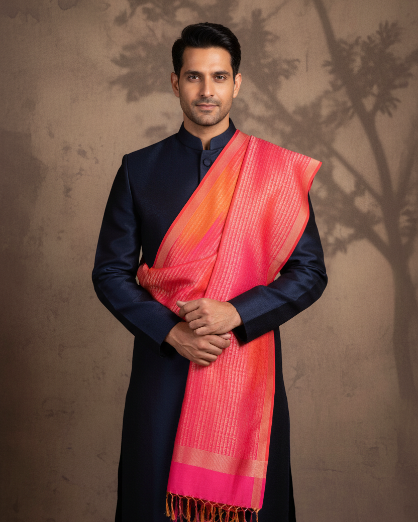 Male – one shoulder drape, navy kurta