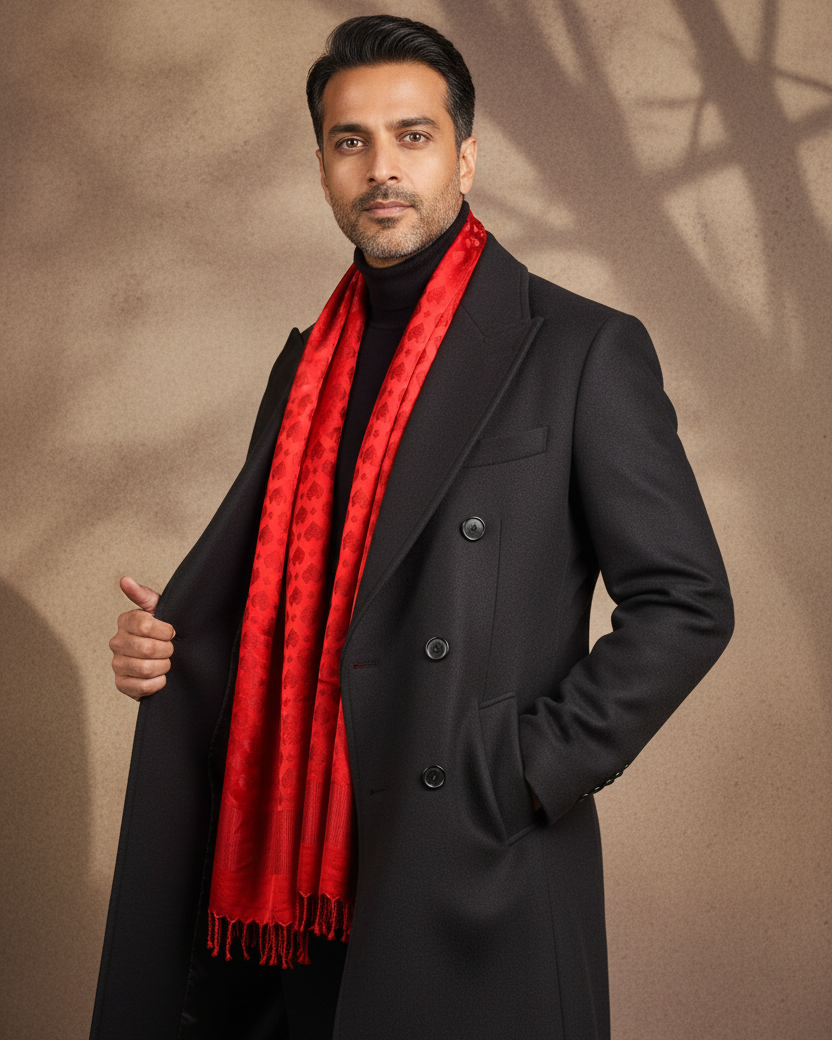 Male - Red Scarf Inside Open Overcoat