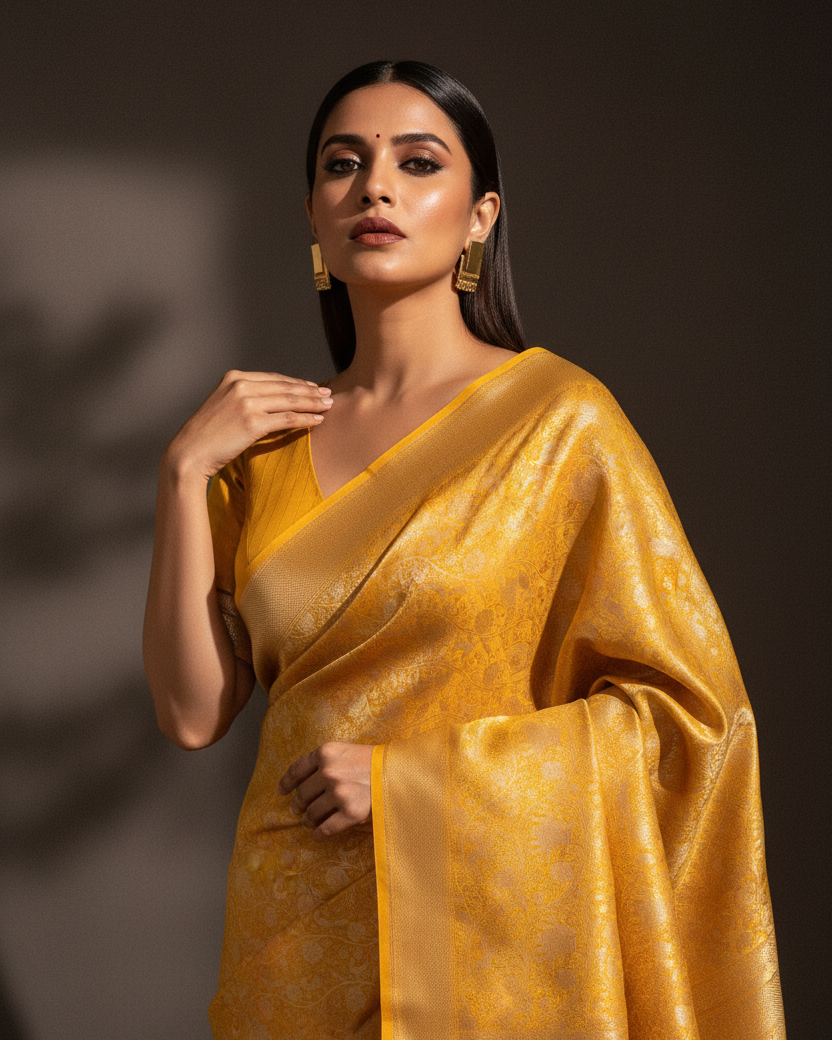 Marigold Yellow Shikargah Katan Silk — Editorial