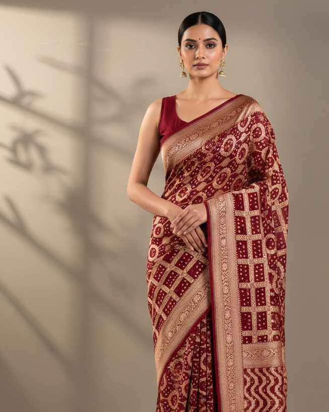 Maroon Banarasi Bandhej Cutwork saree
