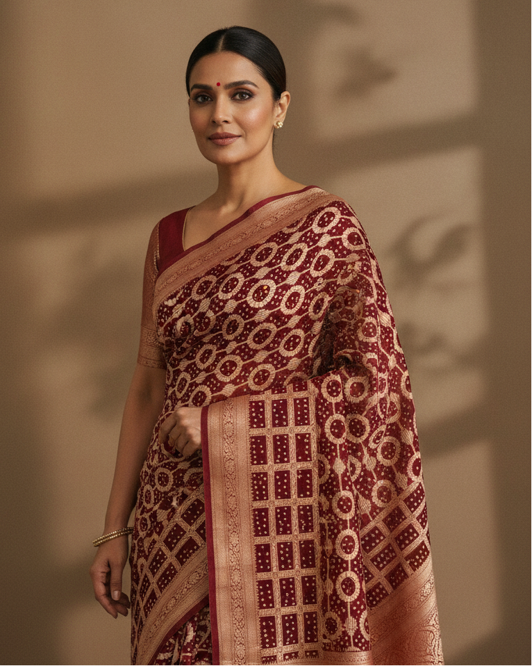 Maroon Banarasi Cutwork Khaddi Georgette Bandhej Saree