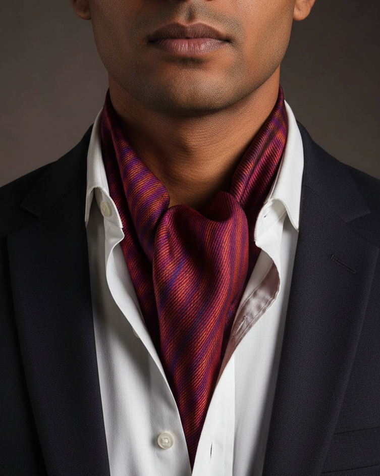 Maroon Waterfall Ascot - Collar Inside Jacket, Crisp White Shirt