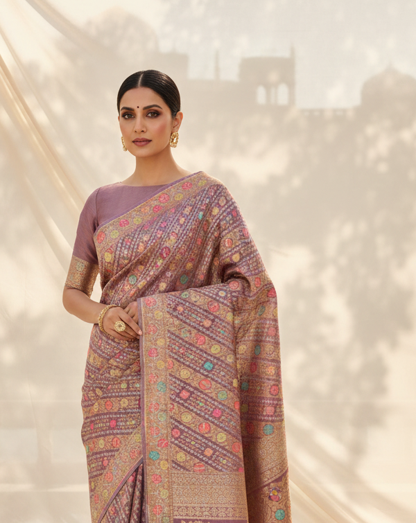 Mauve Saree with Diagonal Flowing Fabric Background