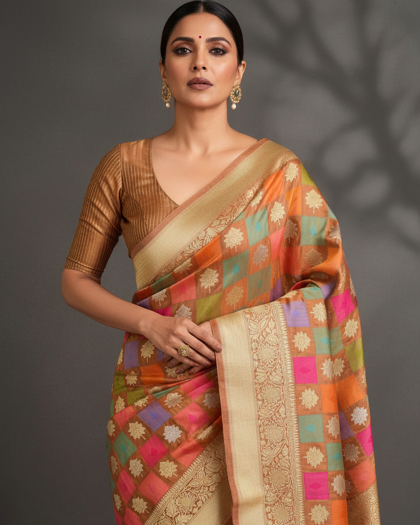 Metallic Brown Chequered Butis Katan Tissue Banarasi Saree