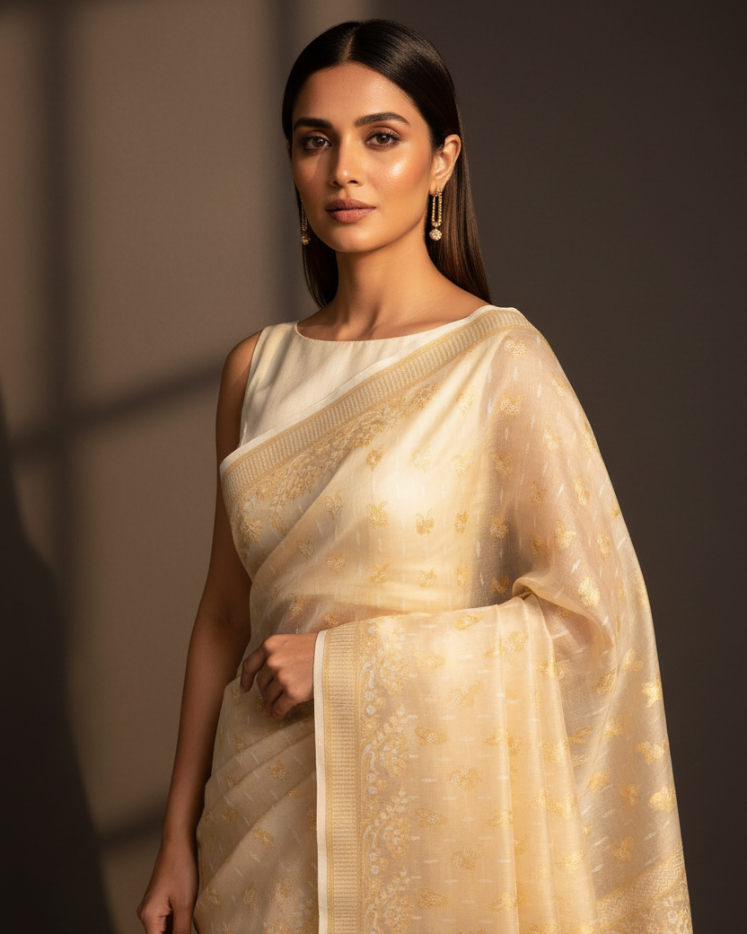 Metallic Cream Gold Zari White Resham Buti Cotton Silk Banarasi Saree Editorial