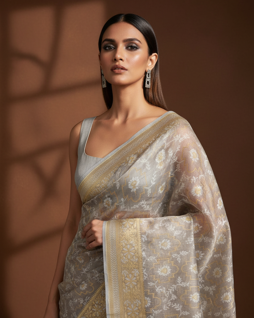 Metallic Gray Zari Resham Jangla Cotton Tissue Banarasi Saree - Head to Waist Editorial