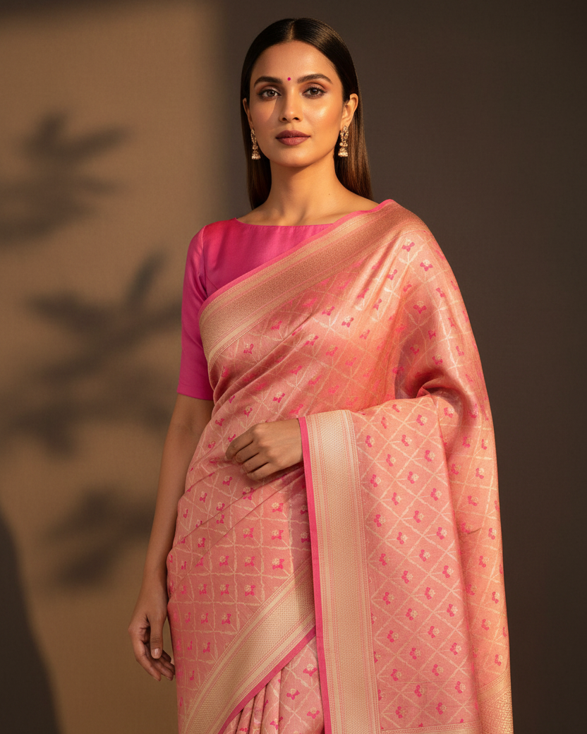 Metallic Pink Gold Zari Katan Tissue Banarasi — Luxury Editorial