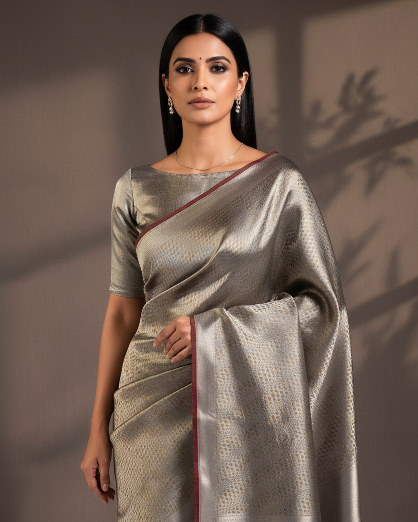Metallic Silver Gray Tissue Banarasi — Boat Neck