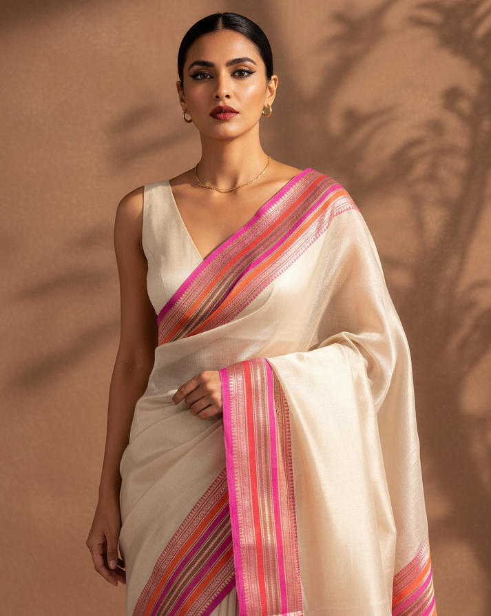 Metallic Silver Tissue Banarasi — Halter/V-Neck, Head to Waist