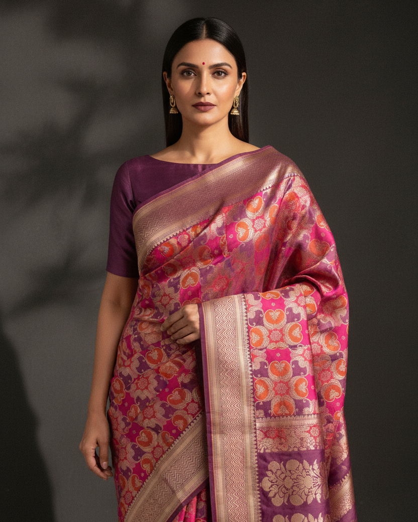 Multi-color Tehra Jaal Katan Silk Banarasi — Luxury Editorial