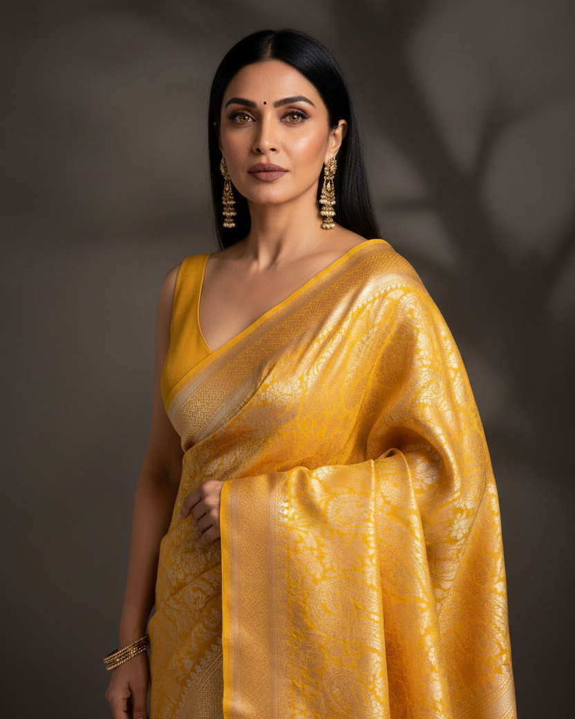 Mustard Yellow Dual Tone Gold Zari Paisley Jaal Cutwork Brocade Handwo