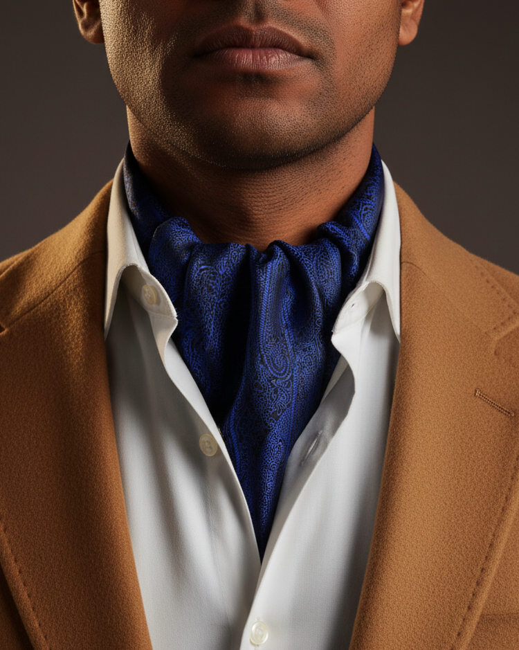 Navy Paisley Ascot - Camel Jacket, Inside Shirt