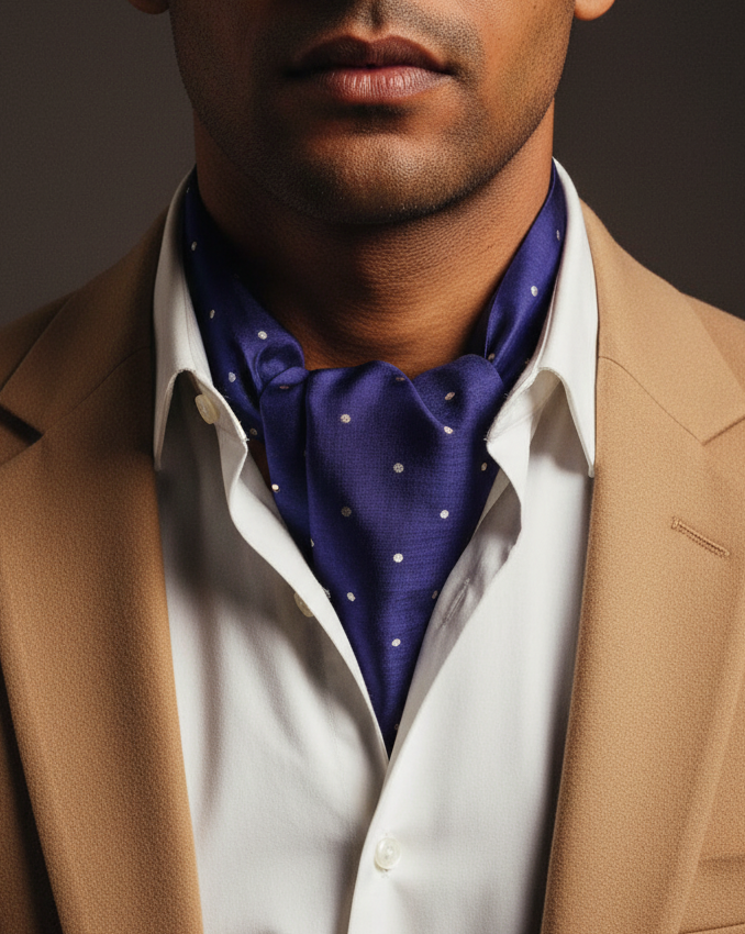 Navy Zari Buta Ascot - INSIDE Shirt, Beige Blazer
