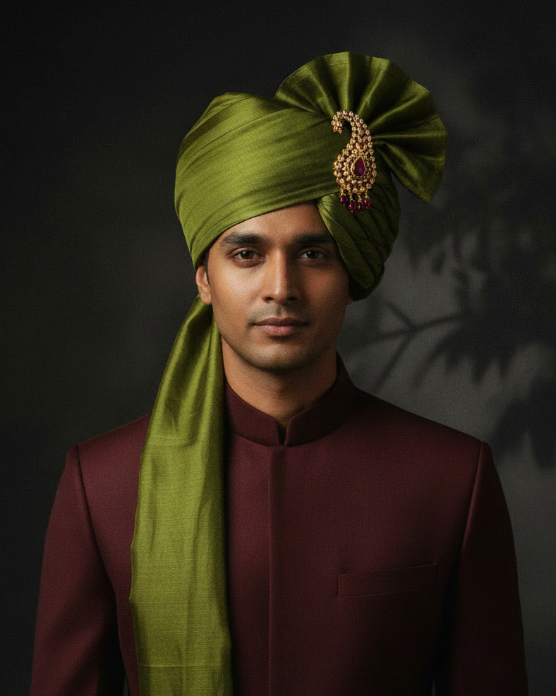 Olive Green Katan Silk Safa - With Kalgi