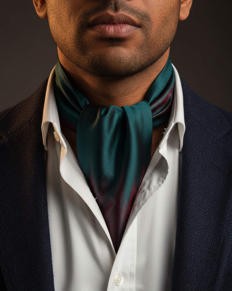 Ombré Teal-Burgundy Ascot - Navy Tweed Editorial