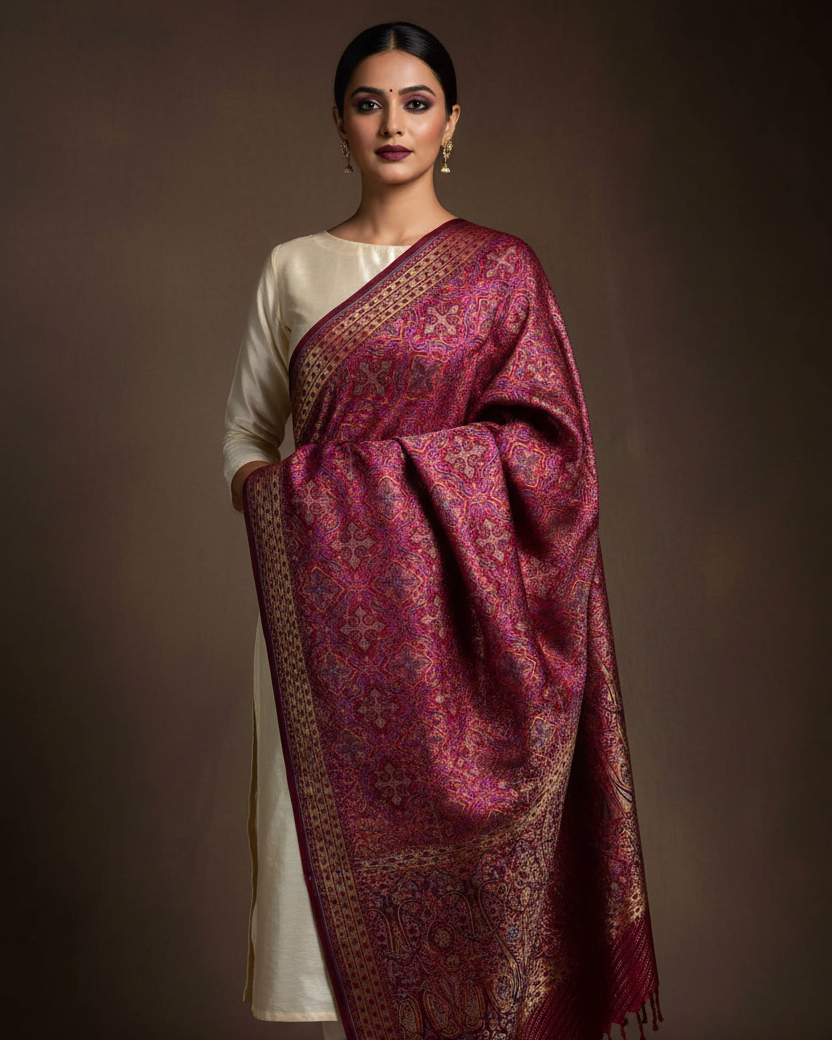One-Side Throw — Mauve Maroon Jamawar