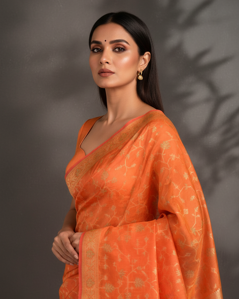 Orange Resham Jaal Banarasi Editorial