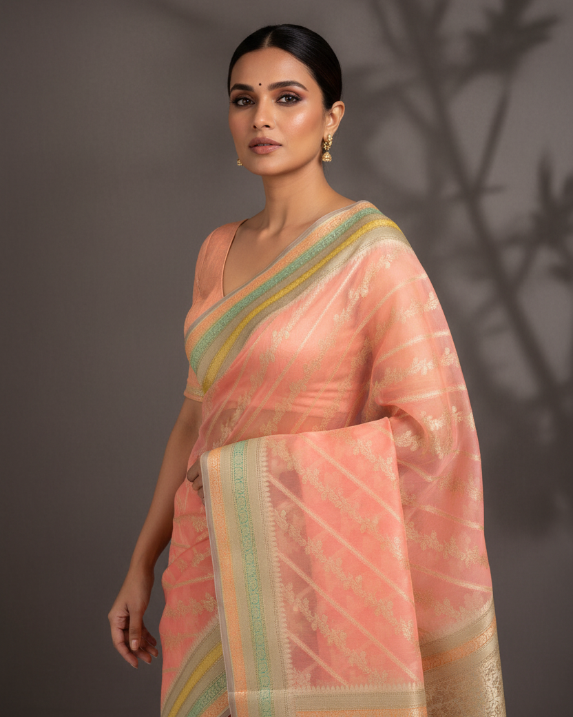Peach Diagonal Lattice Kora Silk Banarasi Editorial
