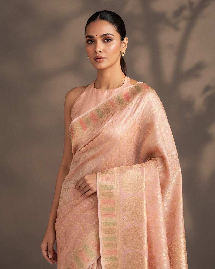 Peach Spun Silk Banarasi — Halter Neck