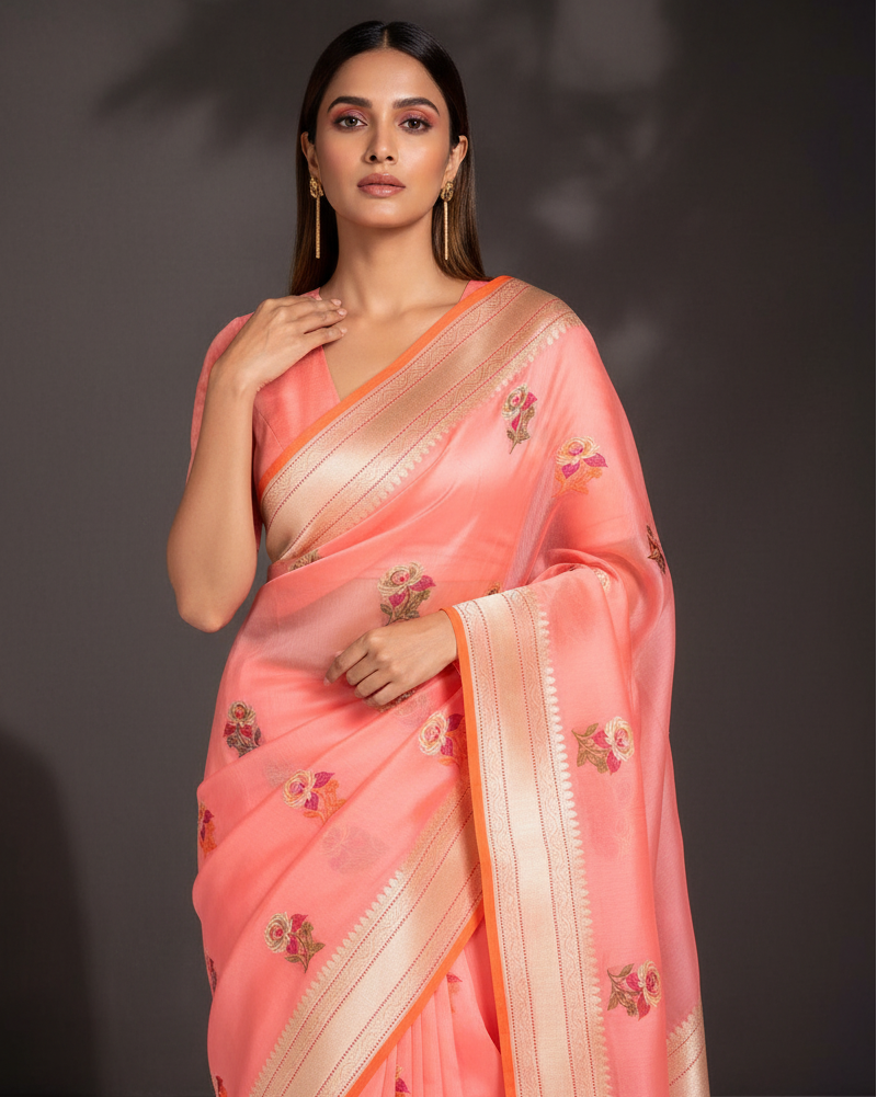 Peach Zari Resham Gulab Buta Kora Silk Banarasi Saree — Editorial