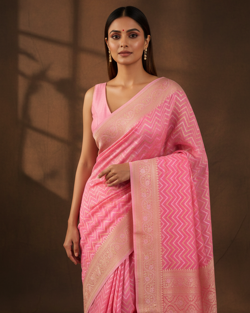 Pink Gold Zari Resham Chevron Cotton Silk Banarasi Saree Editorial