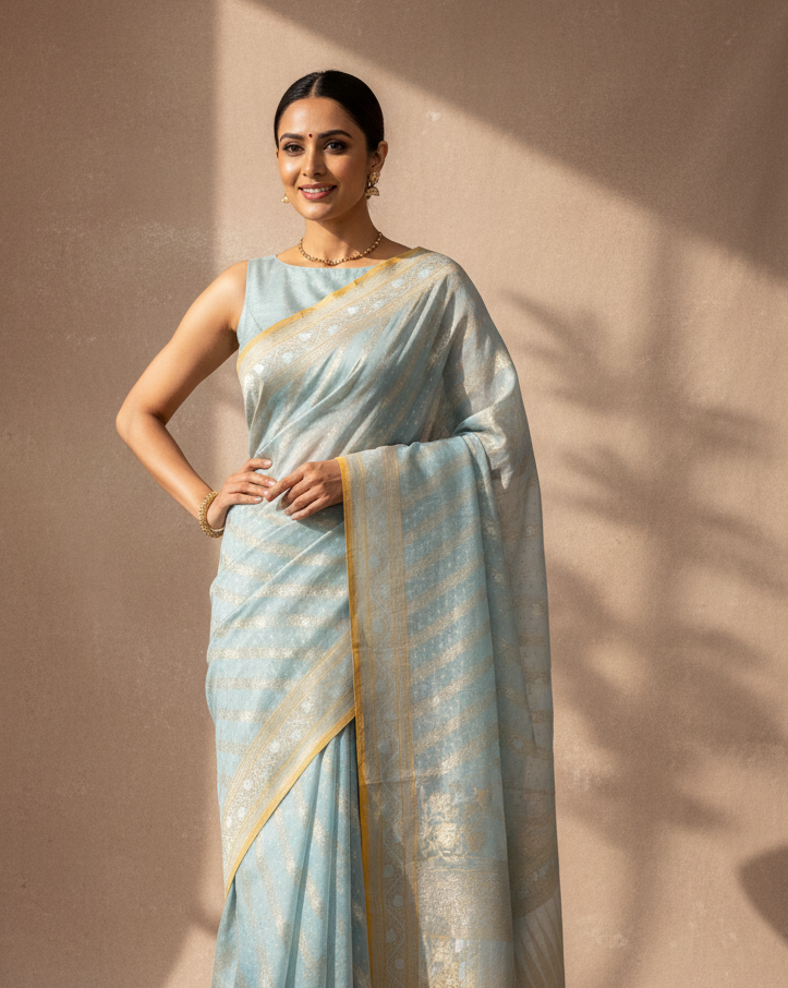 Powder Blue Cotton Banarasi Saree - Full Body Reference