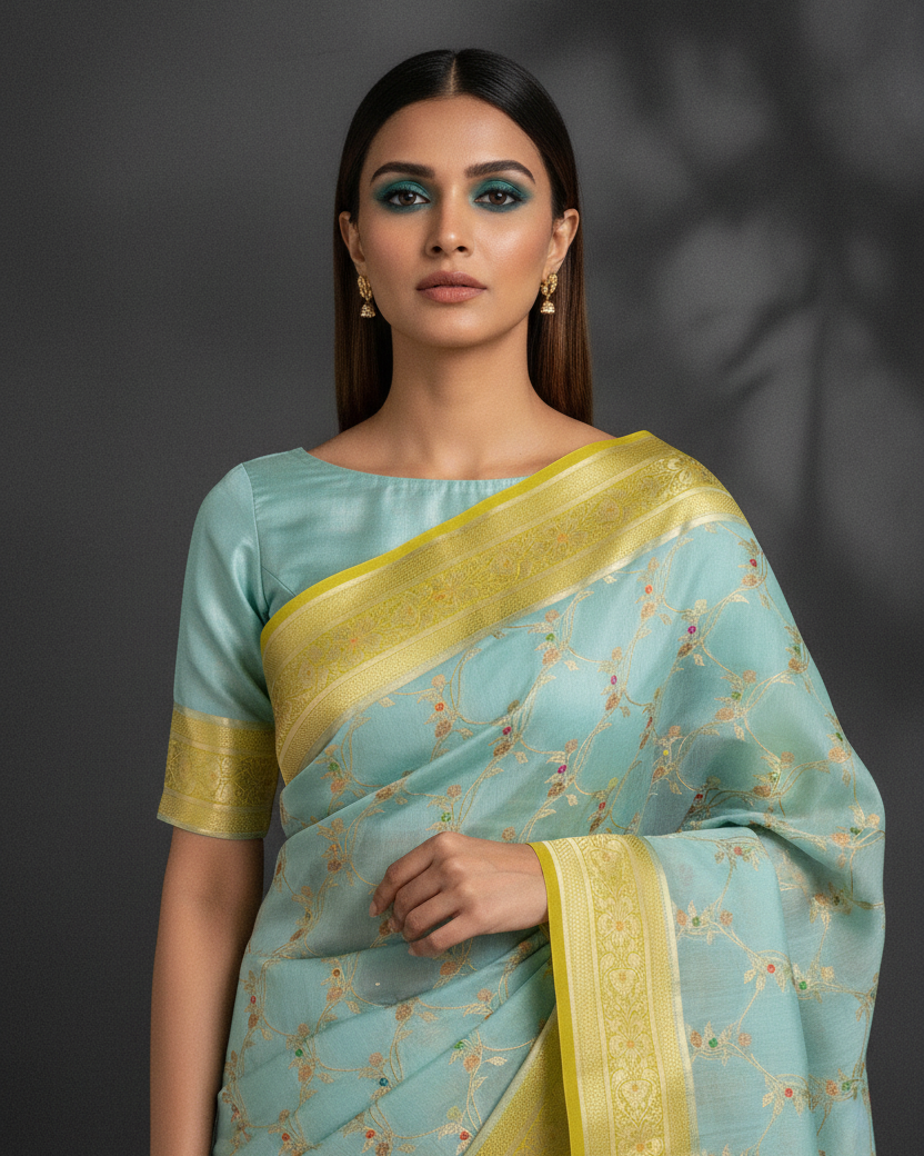 Powder Blue Meenakari Jaal Chartreuse Border Editorial
