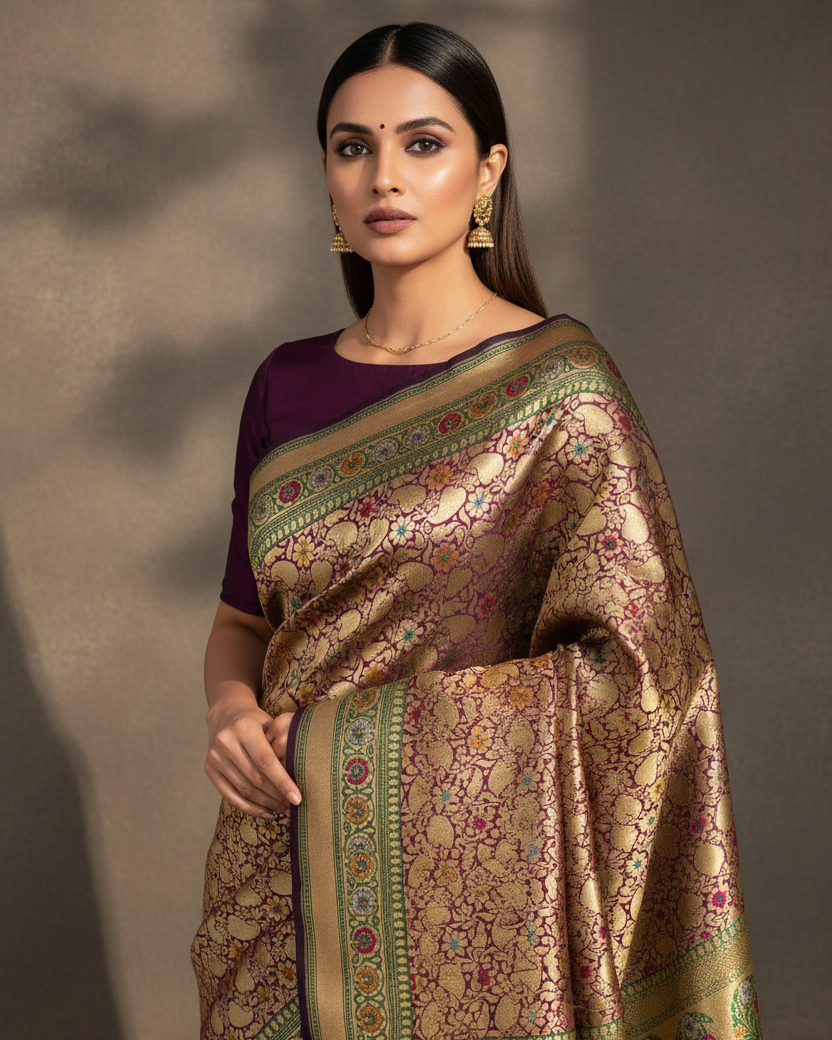 Purple Banarasi Gold Zari Resham — Boat Neck