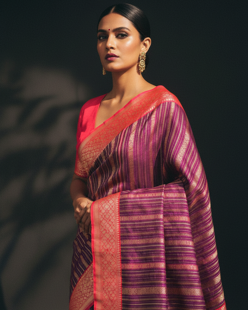 Purple Gold Resham Ornament Stripes Shot Pink Border Katan Silk Saree