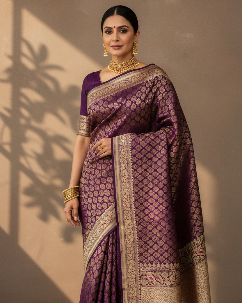 Purple Gold Zari Kadhuan Brocade Banarasi Saree