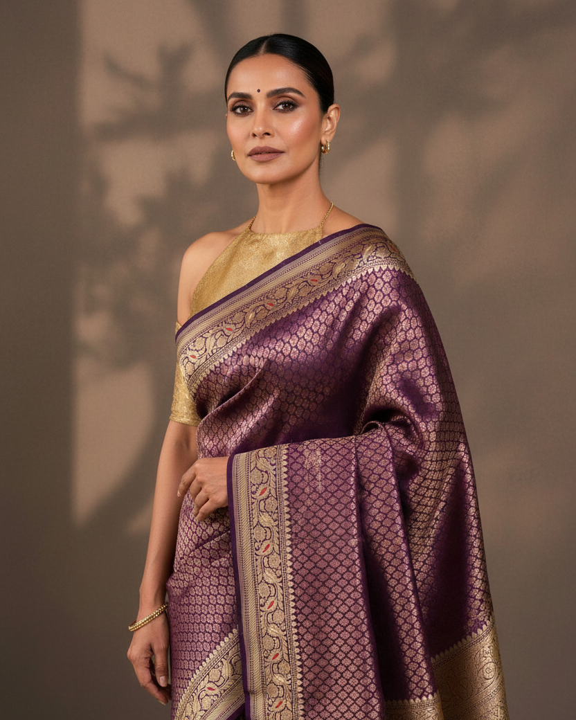 Purple Gold Zari Kadhuan Katan Silk — Editorial