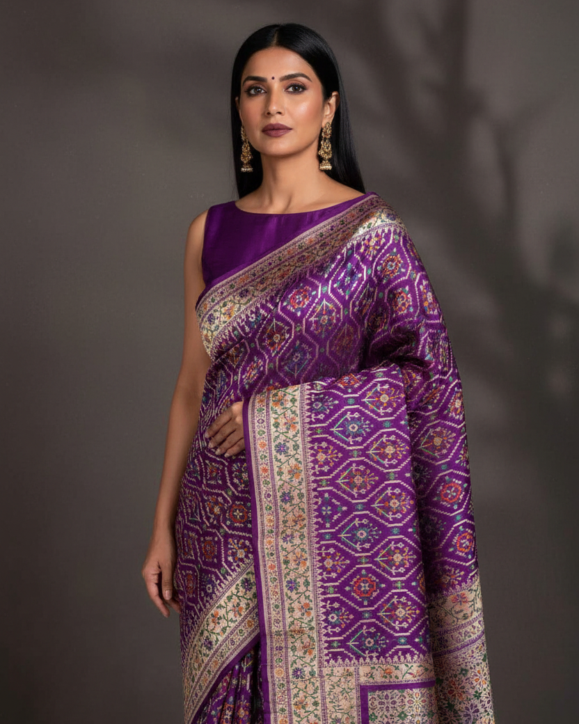 Purple Tehra Patola Cutwork Brocade Handwoven Katan Silk Banarasi Sare