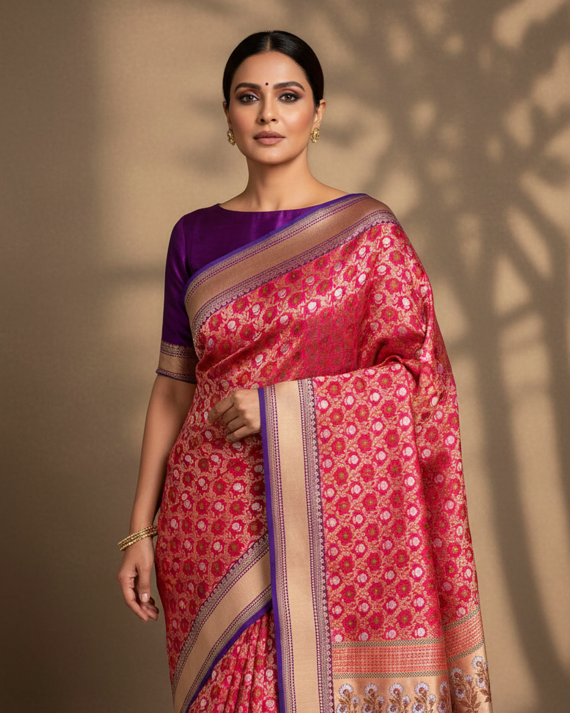 Rani Pink Jangla Katan Silk — Luxury Editorial