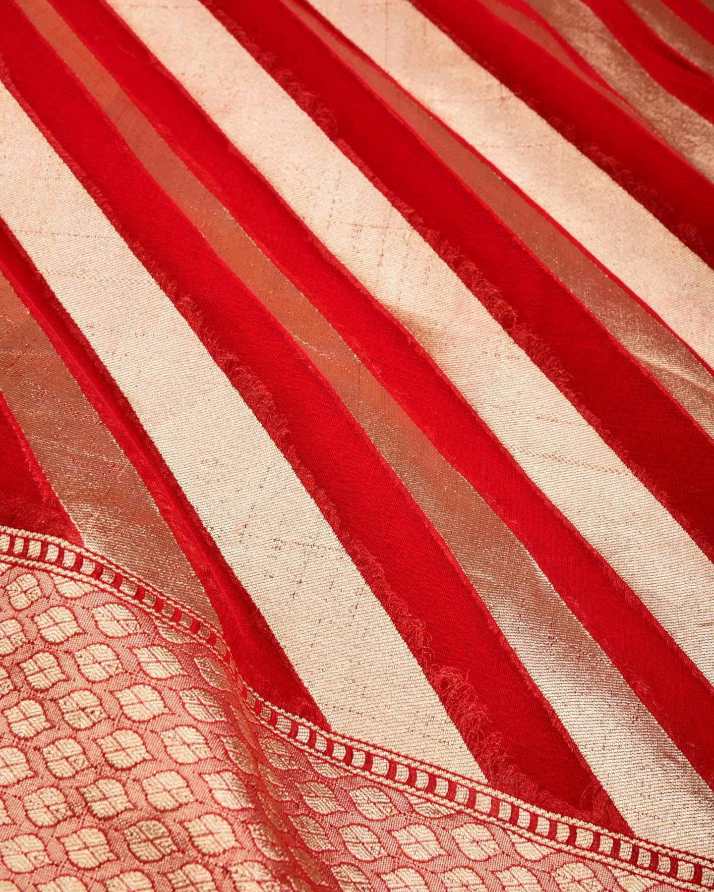 Red Banarasi Diagonal Stripes Cutwork Brocade Handwoven Banarasi Khaddi Georgette Saree - By HolyWeaves, Benares