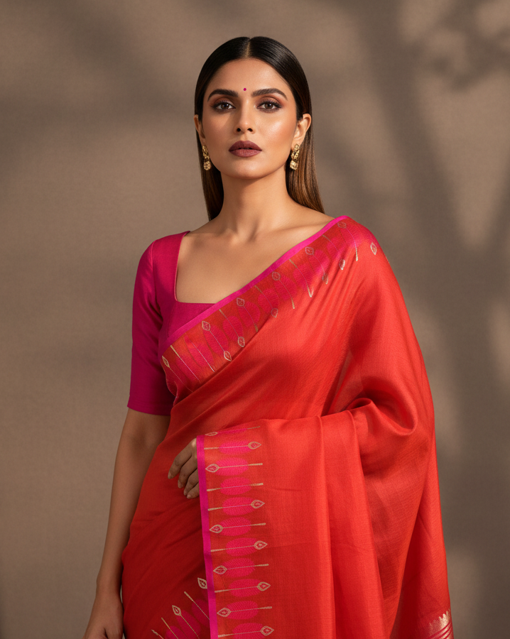 Red Banarasi Fuchsia Pink Feather Border Kora Silk Saree