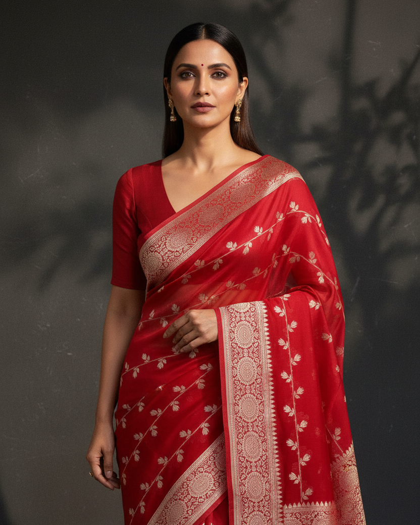 Red Khaddi Georgette Bail Buti Banarasi — Luxury Editorial