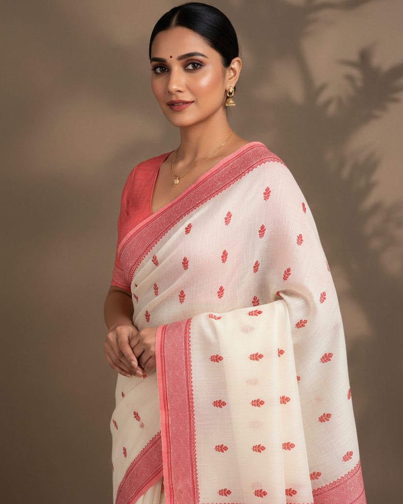 Red & White Banarasi Morpankh Buti Linen Silk Saree