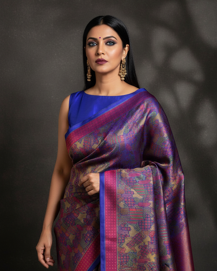 Royal Blue Abstract Tanchoi Jamawar Katan Silk — Image-Led