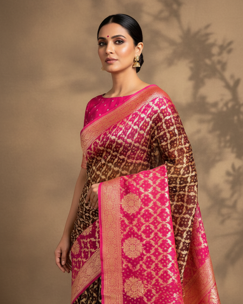 Shaded Pink-Brown Bandhej Khaddi Georgette — Editorial