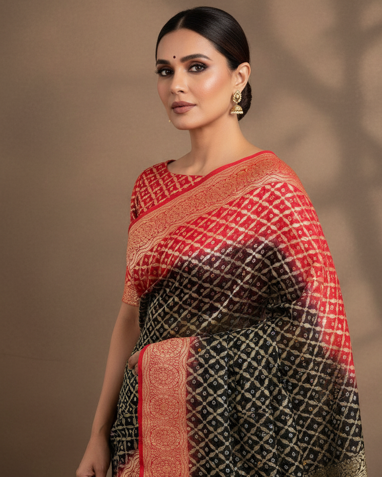 Shaded Red-Black Diagonal Block Bandhej Georgette — Corrected