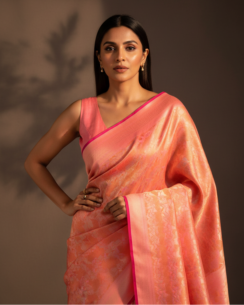 Shot Peach Gold Katan Silk — Rani Pink Pallu Editorial