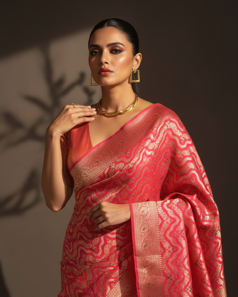 Shot Pink-Orange Banarasi Gold Zari Waves Katan Silk — Editorial