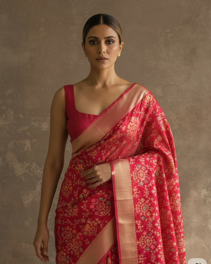 Shot Red-Pink Tehra Floral Jaal Cutwork Brocade Saree - Closer Framing Bold Lighting