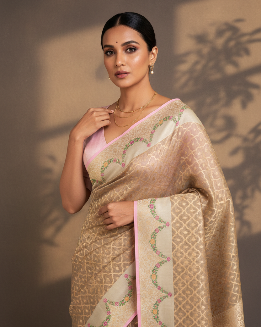 Stone Gray Gold Zari Cutwork Kora Silk — Editorial